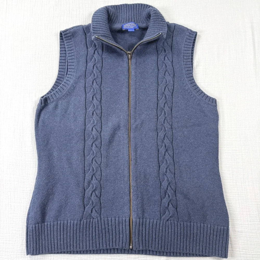 Pendleton Womens Blue 100% Cotton Cable Knit Full Zip Sweater Vest Large - Picture 2 of 7
